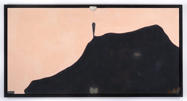 Self-Pleasure - Anne Minich, ≤i≥Span≤/i≥, 2021. Oil on wood, found objects, 50 x 28 in.
